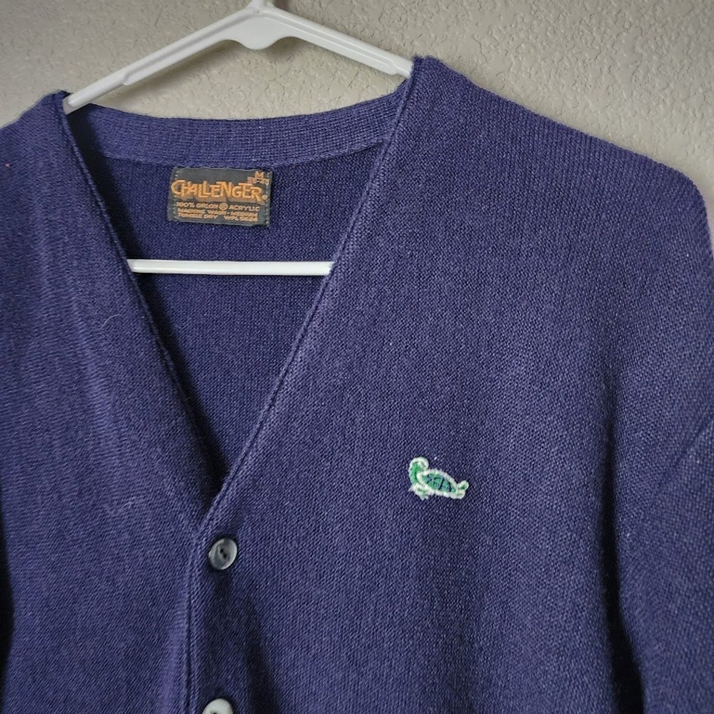 CHALLENGER VINTAGE 70's Turtle Embroidered‎ Cardigan Navy Blue M Retro Preppy - Picture 6 of 7